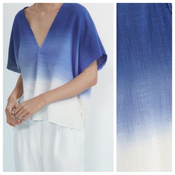 NWT. Massimo Dutti Sky Blue Ombre 100% Cotton V-neck Rustic Shirt. Size M. - Picture 2 of 11